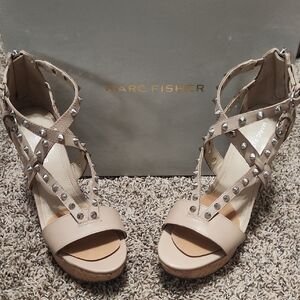 Marc Fisher Light Natural Leather Studded Wedge Sandals. Size 7 1/2, 4" Wedge.